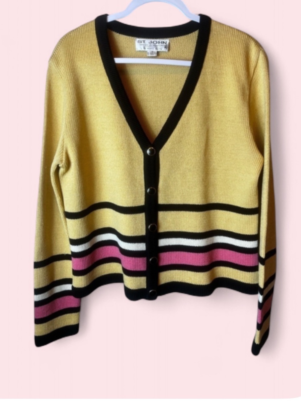 St.John Essentials by Marie Gray Yellow Striped V Neck Cardigan Size M